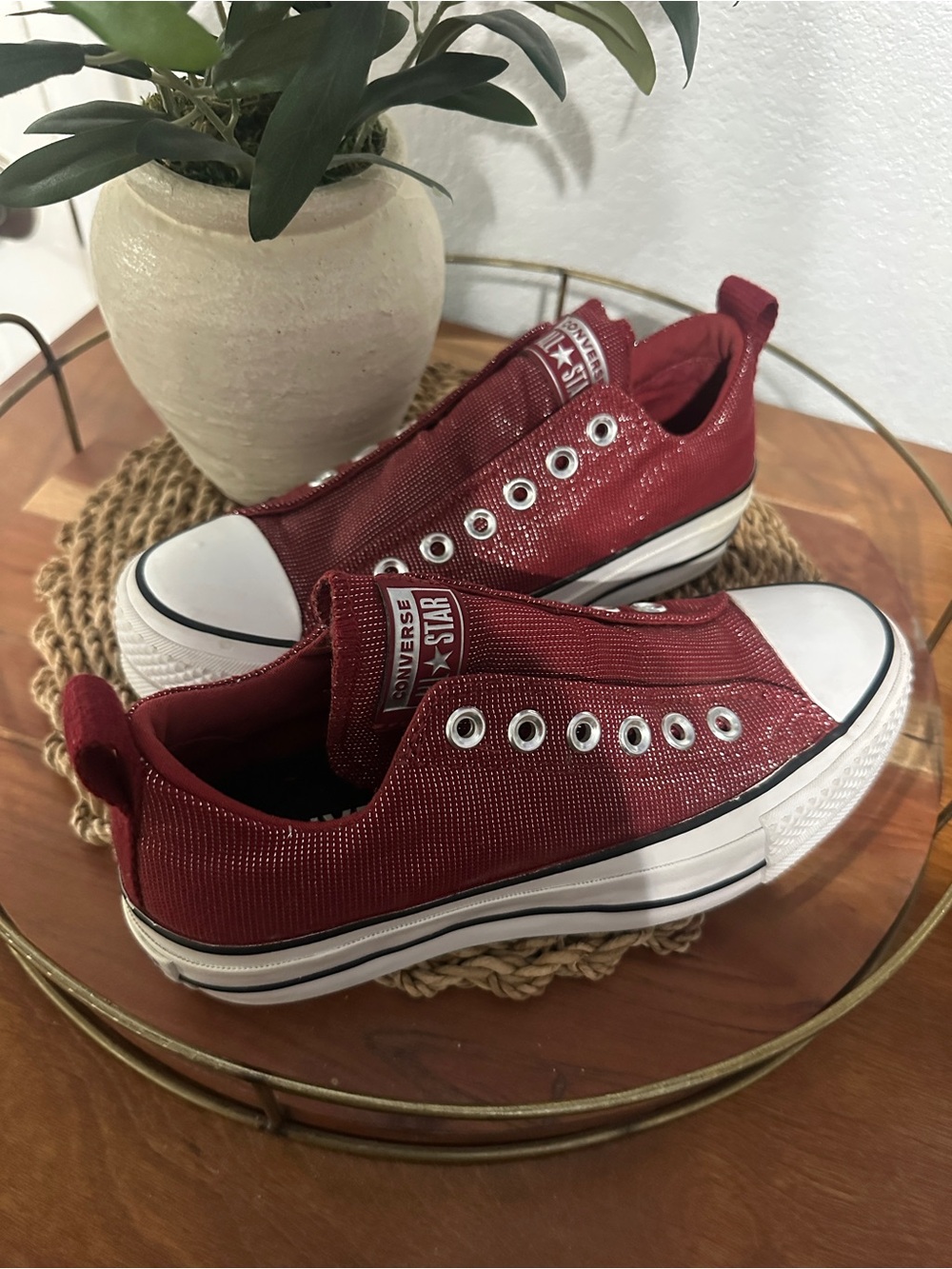 Converse Slip-On Low Top Sneakers - Deep Red/Burgundy- Laceless